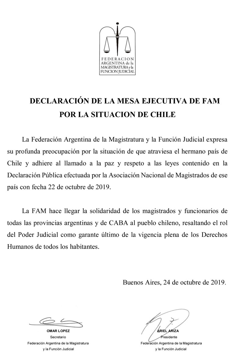Declaración de la Mesa Ejecutiva de FAM por la situación de CHILE 